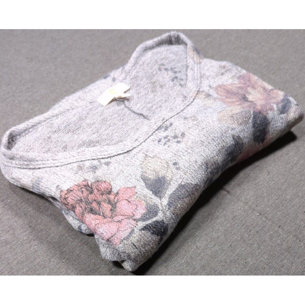 Vtg C Allover Floral on Gray‎ Knit Pullover Womens Size L High-Low 3/4 Sleeves